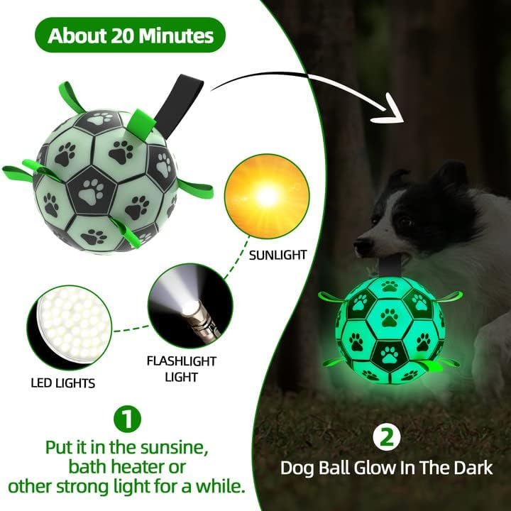 QDAN Glow in The Dark Dog Toys Soccer Ball with Straps, Outdoor Interactive Dog Toys Puppy Birthday Gifts, Dog Tug Water Toy, Light Up Dog Balls for Small & Medium Dogs(6 Inch Size 2)