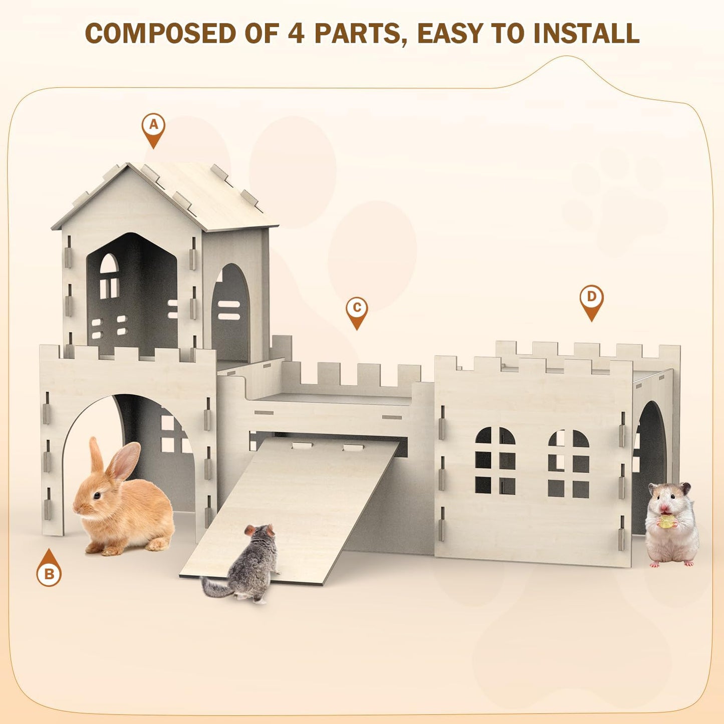 Large Bunny House and Hideouts, Wooden Dual-Layer Rabbit Castle with Stair, Rubber Band-Free Setup - Chew-Proof, Sturdy Habitat for Guinea Pig Chinchilla Ferret (Rabbit House)