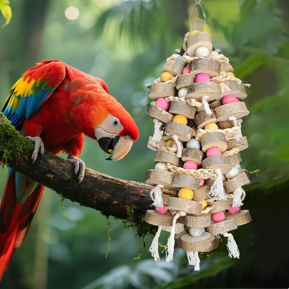 Bird Toys for Large Parrots Toys Natural Colored Wooden Bird Cages Chew Accessories for Macaws, Cockatoos, African Grey, and Amazon Parrots,
