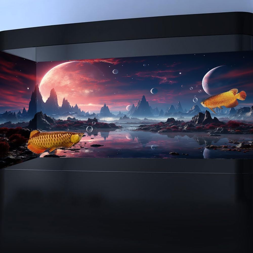 72X18IN Cosmic Spaceterrarium Background, Cool Parallel Space Themed Aquarium Reptile Habitat Background, Red Moon Aquarium Background with 10EVA Double-Sided Tape