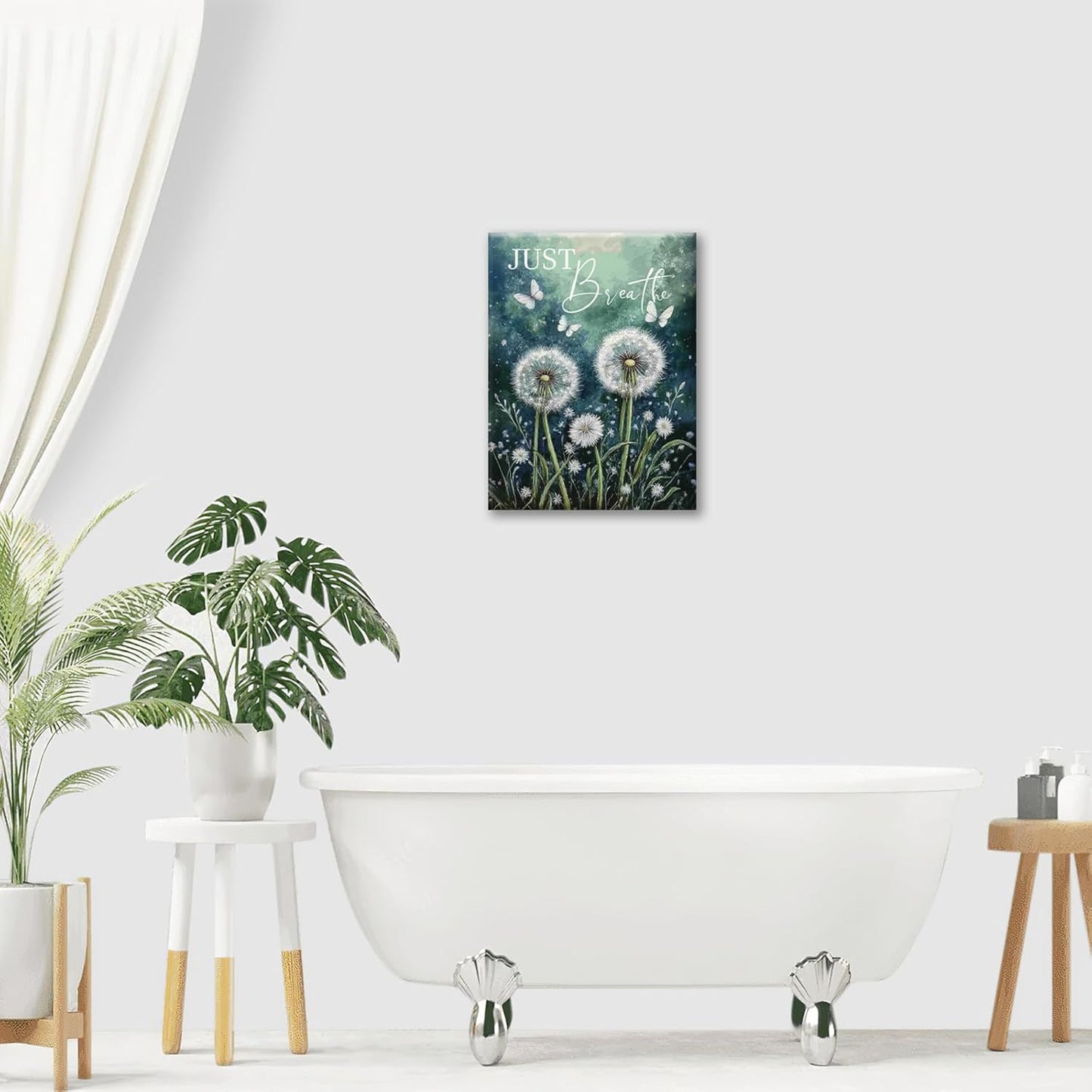 Dandelion Pictures Wall Art, Farmhouse Floral Bathroom Wall Decor, Rustic Nature Inspirational Framed Painting Butterfly White Flower Canvas Artwork for Bedroom Living Room Decorations 16"L x 12"W