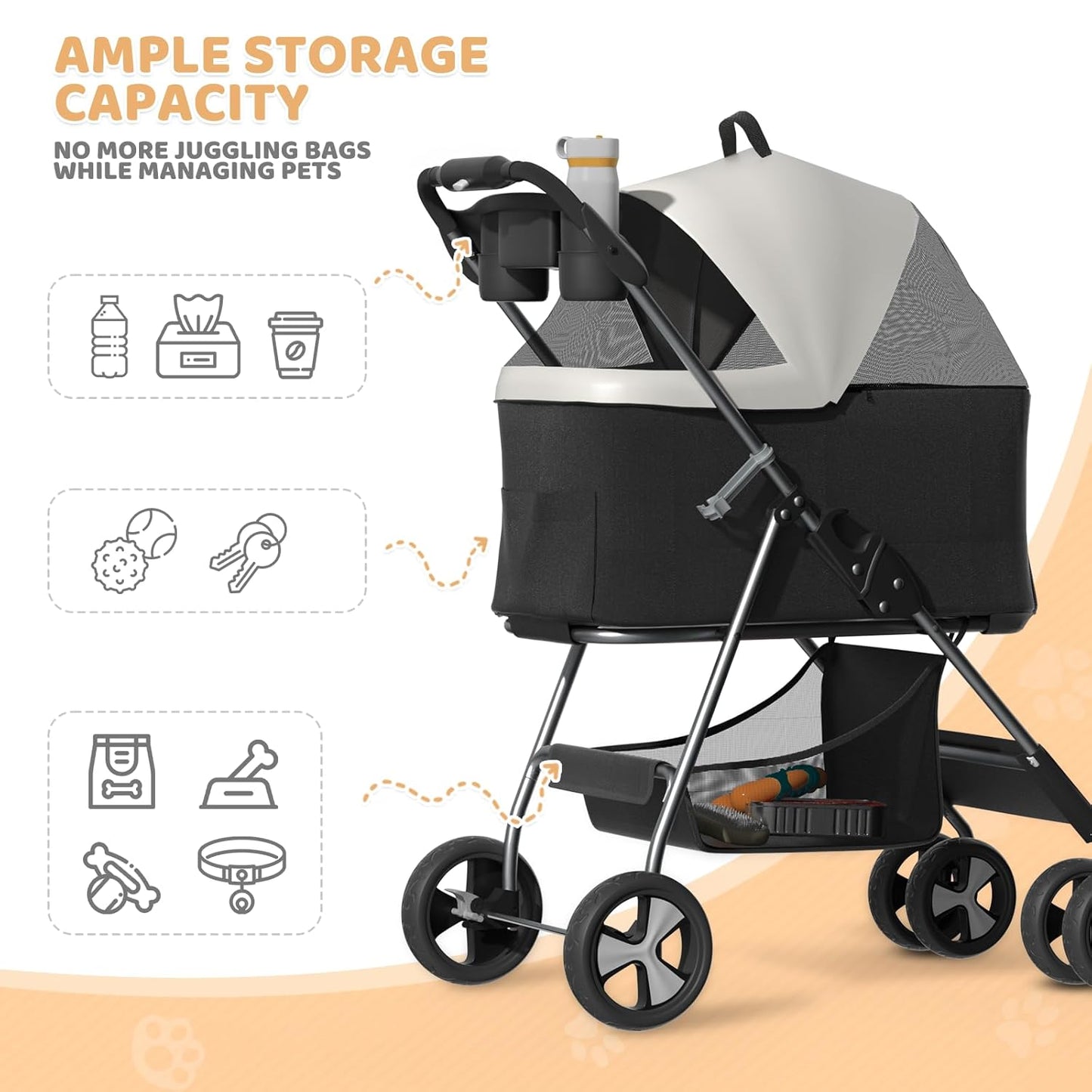 Magshion Foldable Pet Stroller, 3-in-1 Dog Travel Jogger with Detachable Carrier, Cup Holder, Storage Basket, Folding Carrier for Small/Medium Dogs & Cats Up to 33 lbs, Black