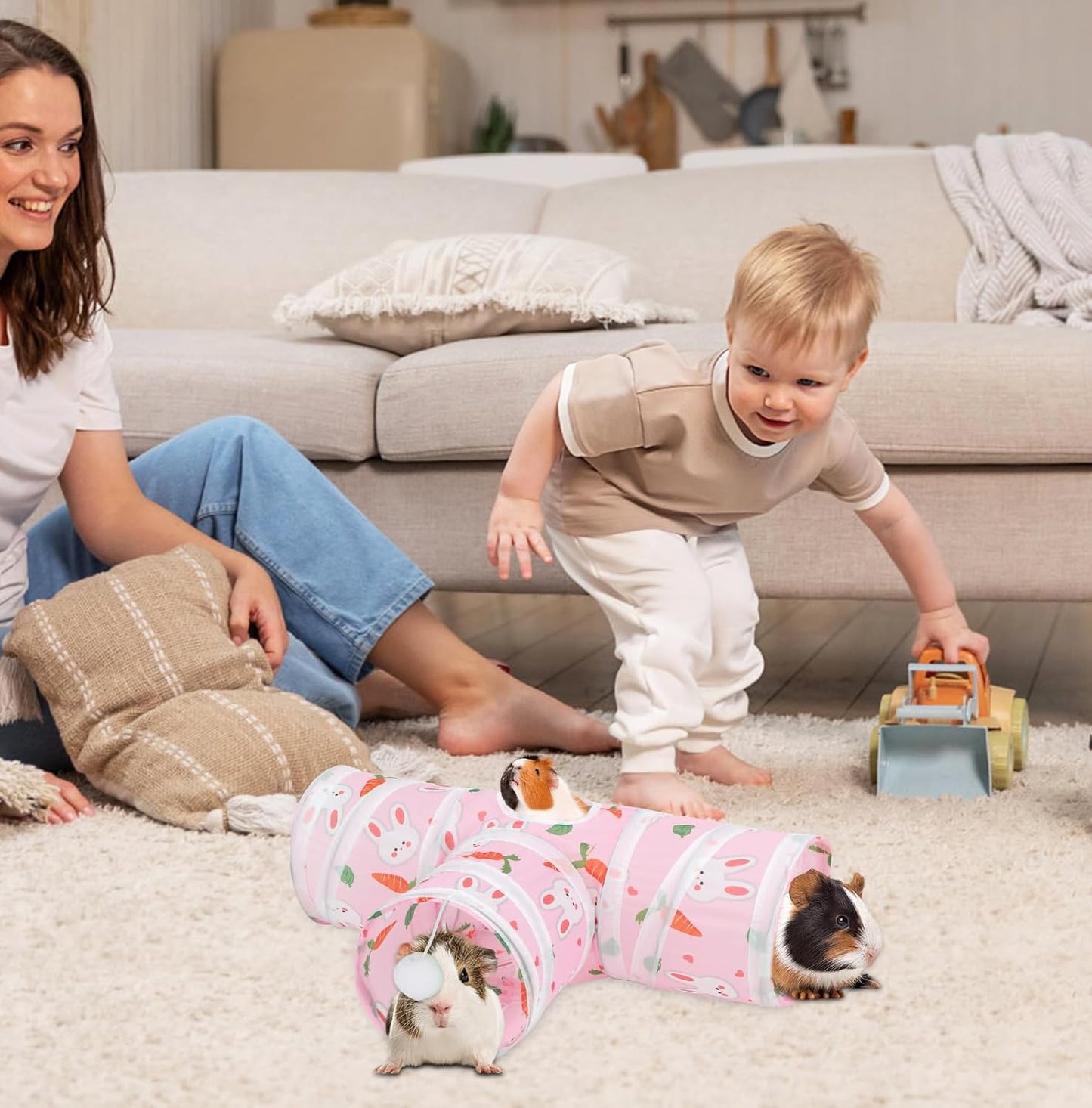Rypet Guinea Pig Tunnel 3 Way Collapsible Small Pet Tunnels and Tubes with Interactive Ball for Baby Rabbit Ferret Hamster Chinchilla Hedgehog Hiding and Resting-Pink