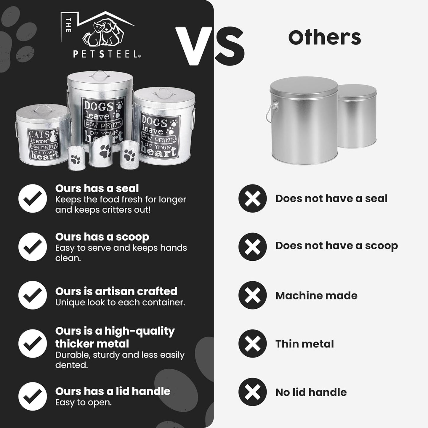 Silver 20lb Cat Food Storage with Scoop | Pet Container for food that can fit in the pantry | Modern Beautiful Cat Pet Food Storage Container