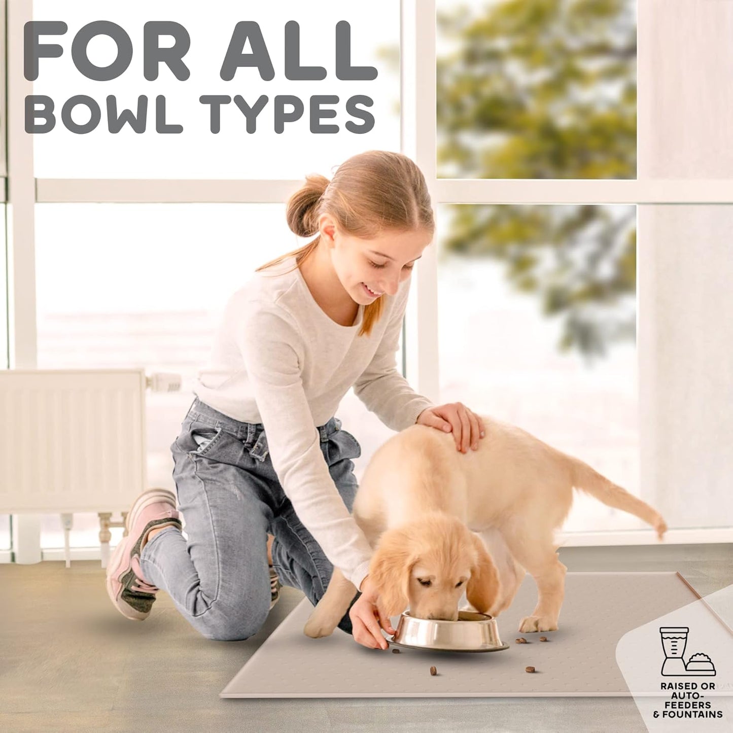Dog Food Mat - 24x15 Raised Edges Dogs Mat for Food and Water Prevent Spill, Waterproof Cat Food Mats Protect Floors, Easy Clean Dog Bowl Mats for Food and Water, Silicone Pet Feeding Placemats Beige