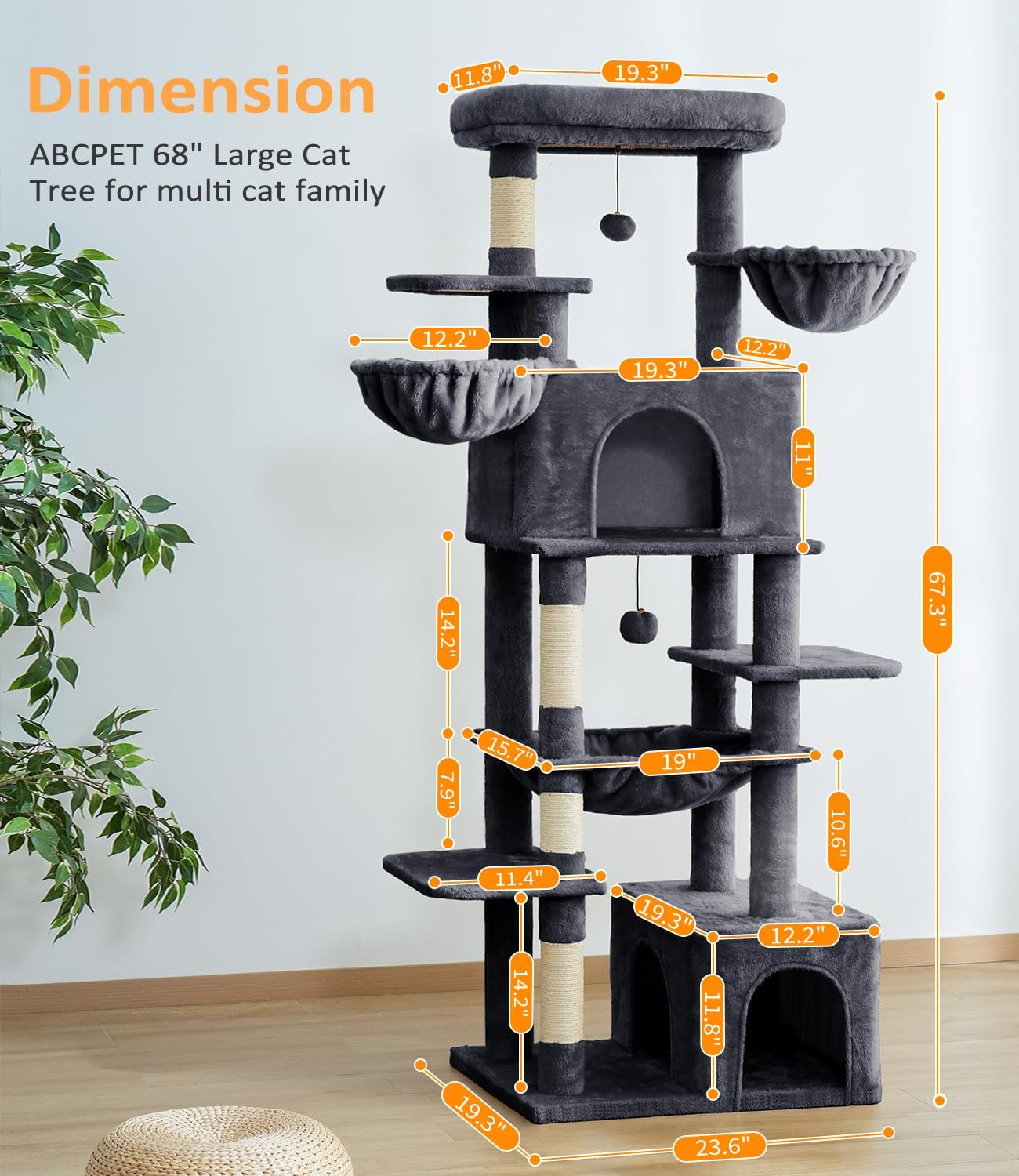 Cat Tree Large Cat Tower Tree 68" Multi-Level Cat Tower for Indoor Cats with Sisal Scratching Posts, Widen Cat Perche, Square Hammock, 2 Widen Condos, Scratching Posts, Grey