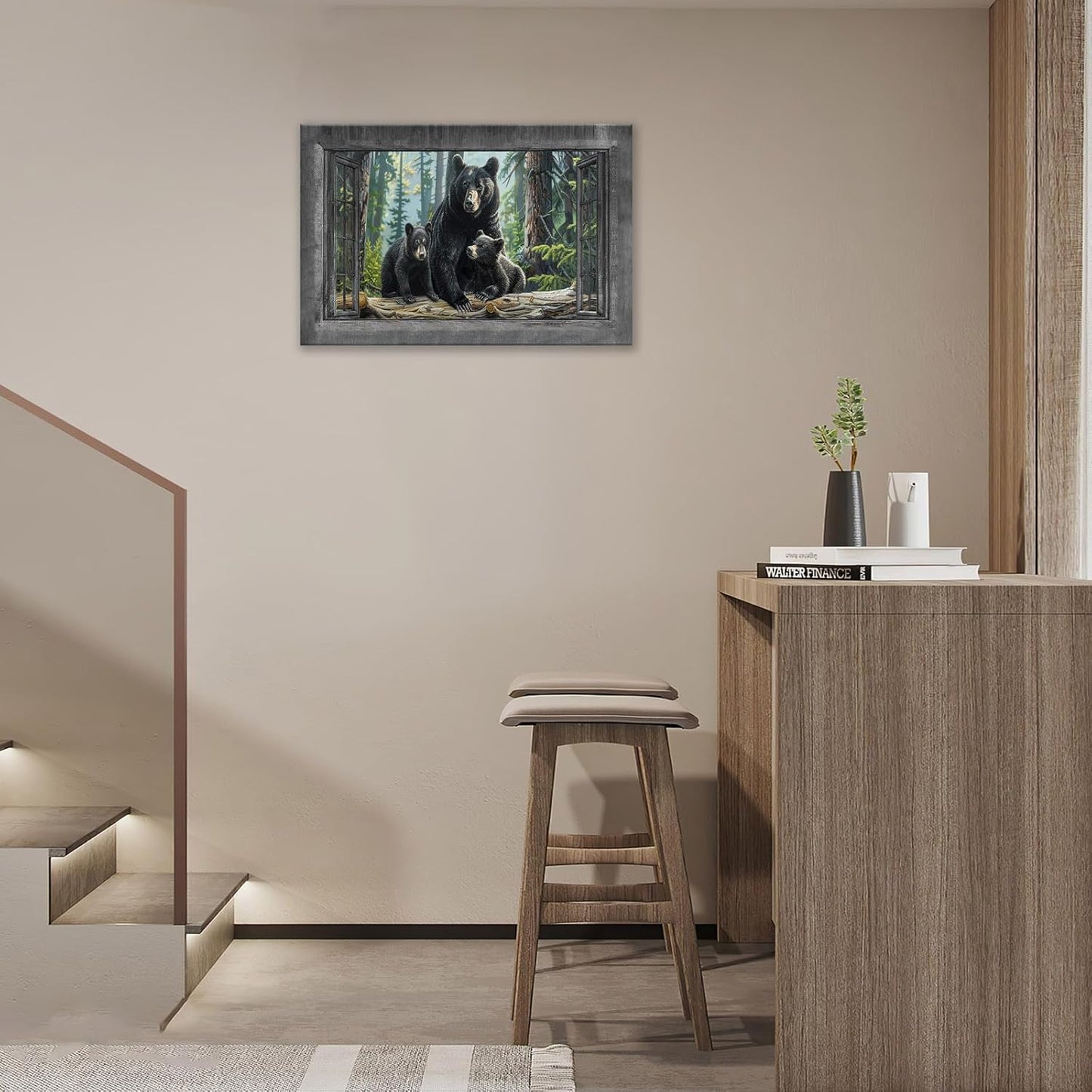 Black Bear Wall Art Forest Window Canvas Cabin Living Room Pictures Prints Animal Wall Decor Painting Artwork for Bedroom Dining Office Home 24"x16"