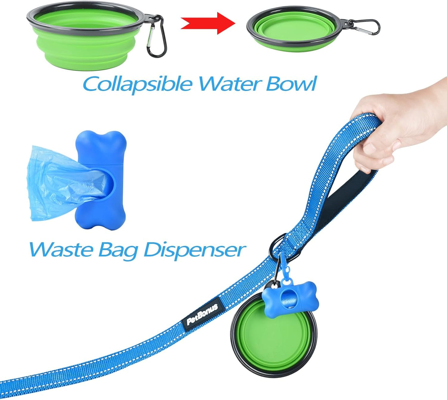 PetBonus Double Dog Leash, No Tangle Dual Leash, Reflective Walking Training Lead, 4 Comfortable Padded Handles for 2 Dogs with Collapsible Bowl and Waste Bags (Light Blue, Large)