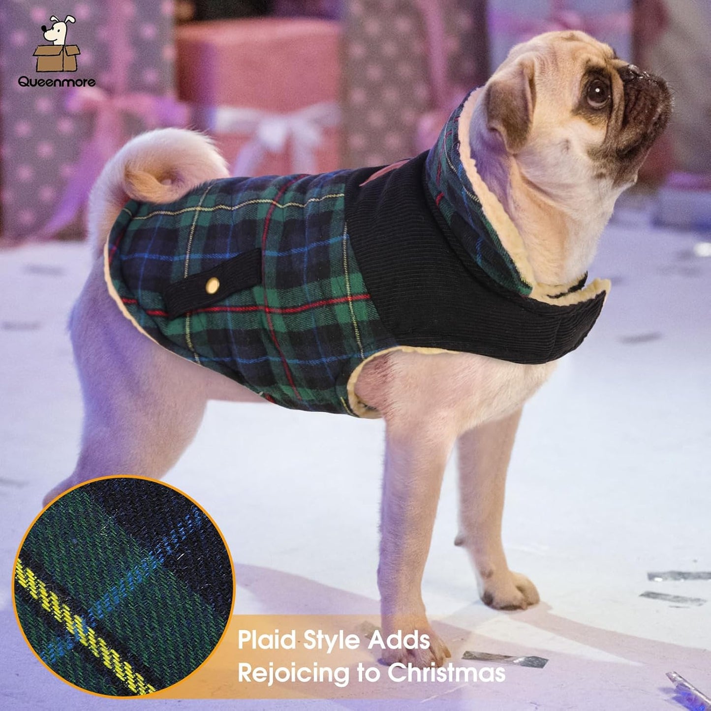 Queenmore Dog Winter Coat Warm Dog Jacket for Cold Weather, Quilting Puffer Plaid Coats for Small/Medium Dogs Waterproof,Girl/Boy Pet Christmas Coat,Pet Snowsuit with Leash Hole/Fleece Padding, L
