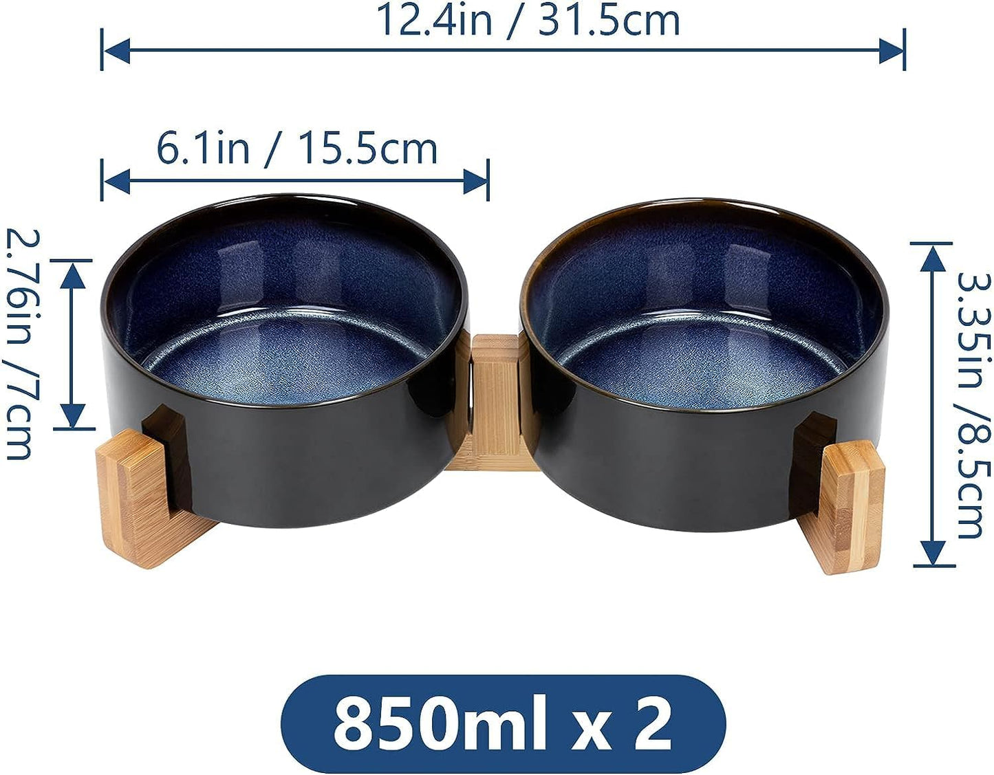 SPUNKYJUNKY Ceramic Dog and Cat Bowl Set with Wooden Stand, Modern Cute Weighted Food Water Set for Small Size Dogs (13.5OZ) & Medium Sized Dogs (28.7OZ) & Cats (3.6 Cups, 2 × Starry Blue)