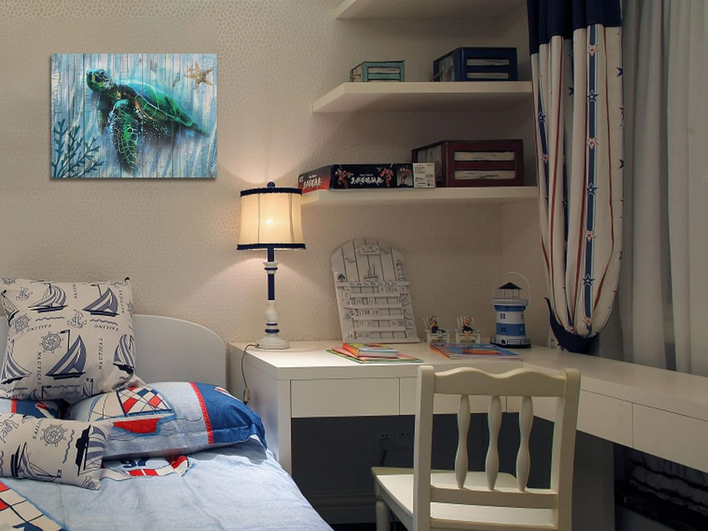 Arjun Bathroom Decor Blue Wall Art Canvas Green Sea Turtle Teal Submarine Picture, Blue Modern Landscape Painting Framed for Living Room Bedroom Home Office Wall Decor, 16"x12"