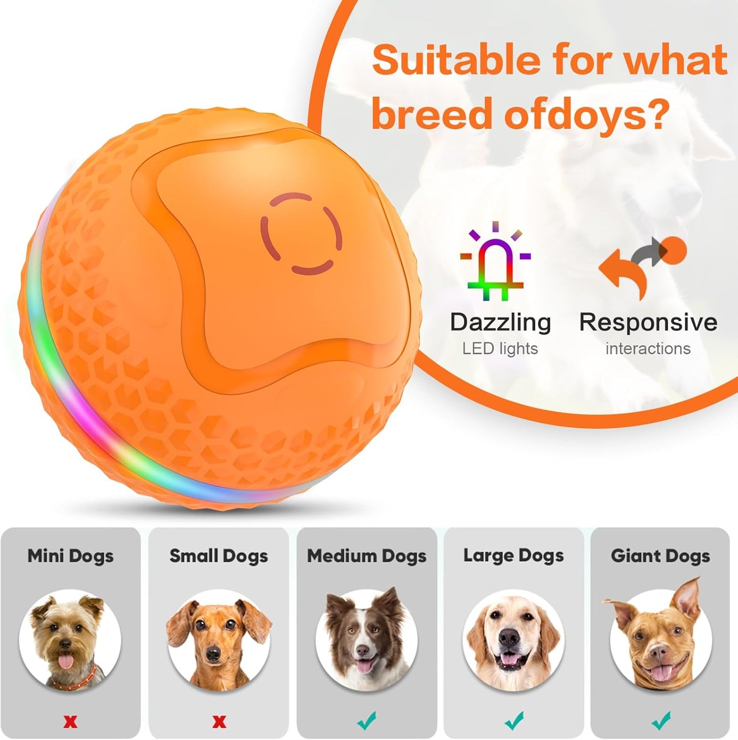 Interactive Dog Toys Ball, Automatic Rolling Balls Toy, Lively pet Ball for Medium/Large Dogs to Relieve Boredom, Activated Automatic Motion Dog Balls Toy with LED Flash, USB Rechargeable