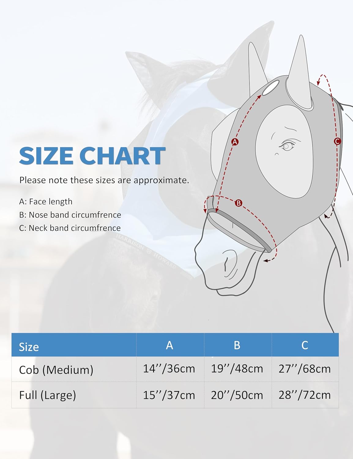 Harrison Howard Horse Fly Mask with Forelock Opening Stretch Breathable and Comfortable for Horses UV -Protection Ice Blue L