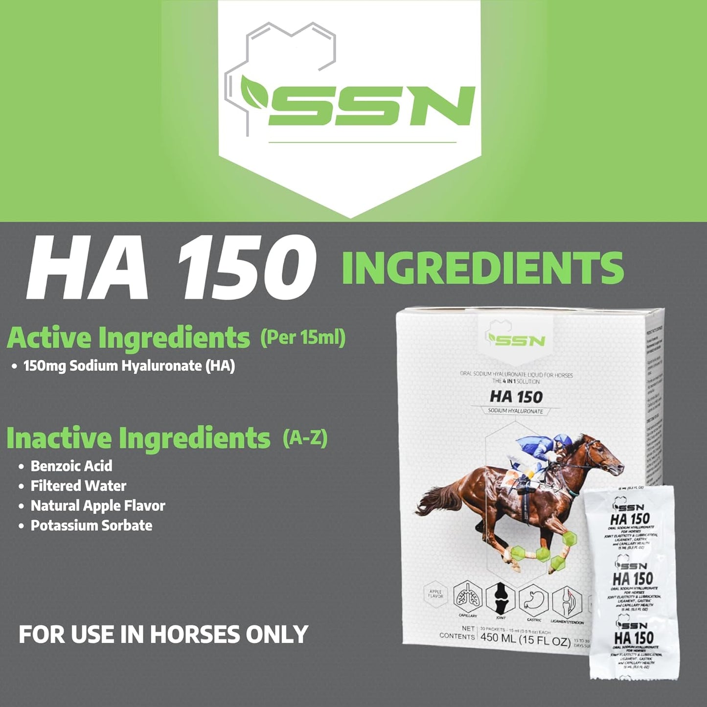 SSN HA 150 - 4 In 1 Horse Supplement - 30 Servings - Equine Joint, Gastric, Ligament/Tendon, Lung Capillary Health - Glucosamine Alternative - (30 Pack, 150mg Sodium Hyaluronate per Serving)