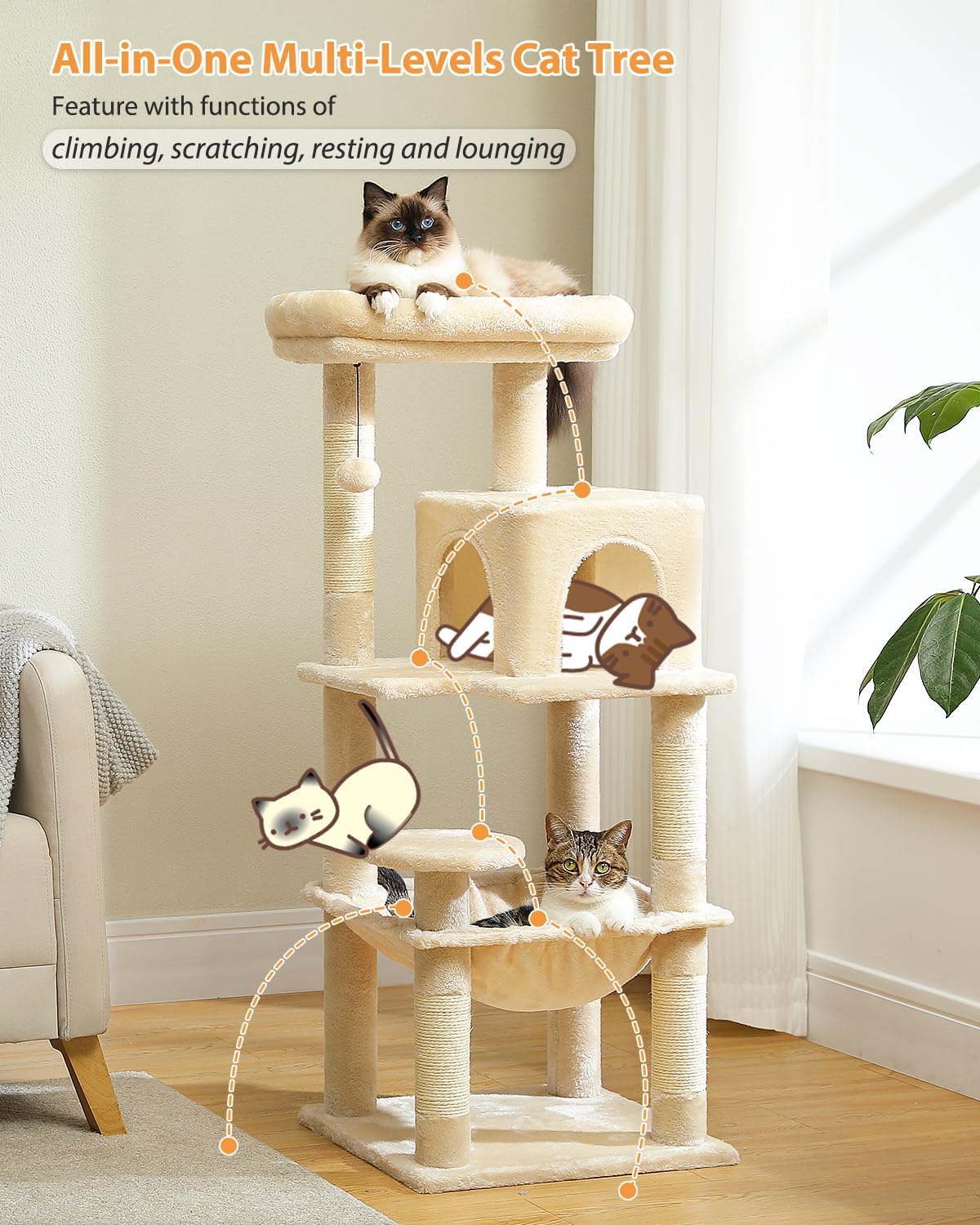 PETEPELA 45.7" Cat Tree for Indoor Cats, 5-Level Cat Tower for Large Cats with Metal Frame Large Hammock (17.3"x15.3"), Cat Condo with (18.5"x13") Big Top Perch & 4 Sisal Covered Scratching Post Beige