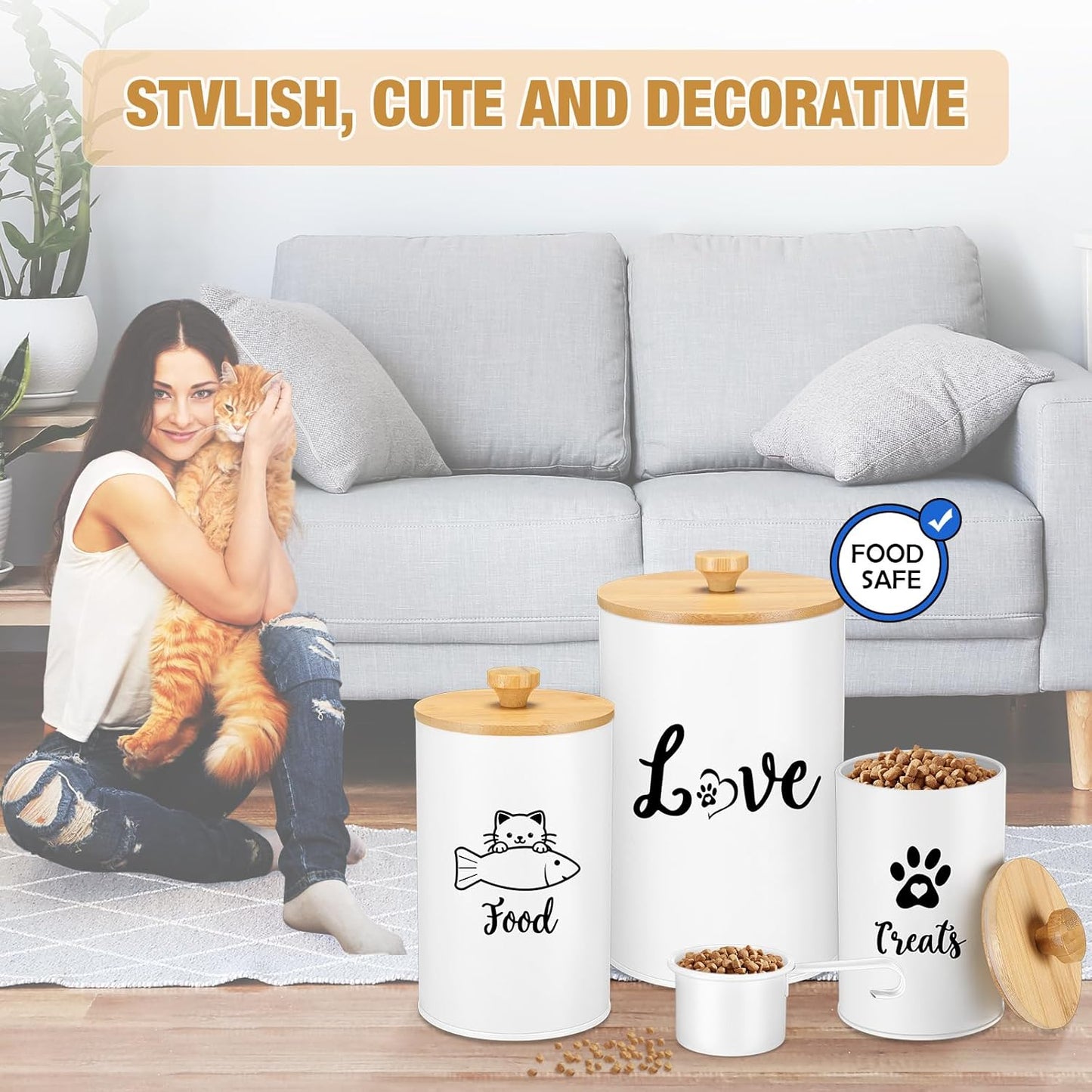 Metal Airtight Cat Treat Container Set of 3 with Bamboo Lids and Spoon Cat Food Storage Container with DIY Labels Pen Pet Cookie Snack Food Storage Organizer Jars for Kitchen Counter(White)