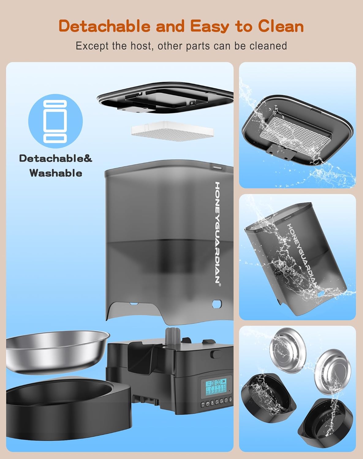 HoneyGuaridan 3.5L Automatic Cat Feeder for Two Cats, Food Dispenser with Stainless Steel Bowl,Timed Cat Feeder Programmable 1-6 Meals Control, Dual Power Supply,10s Meal Call Black