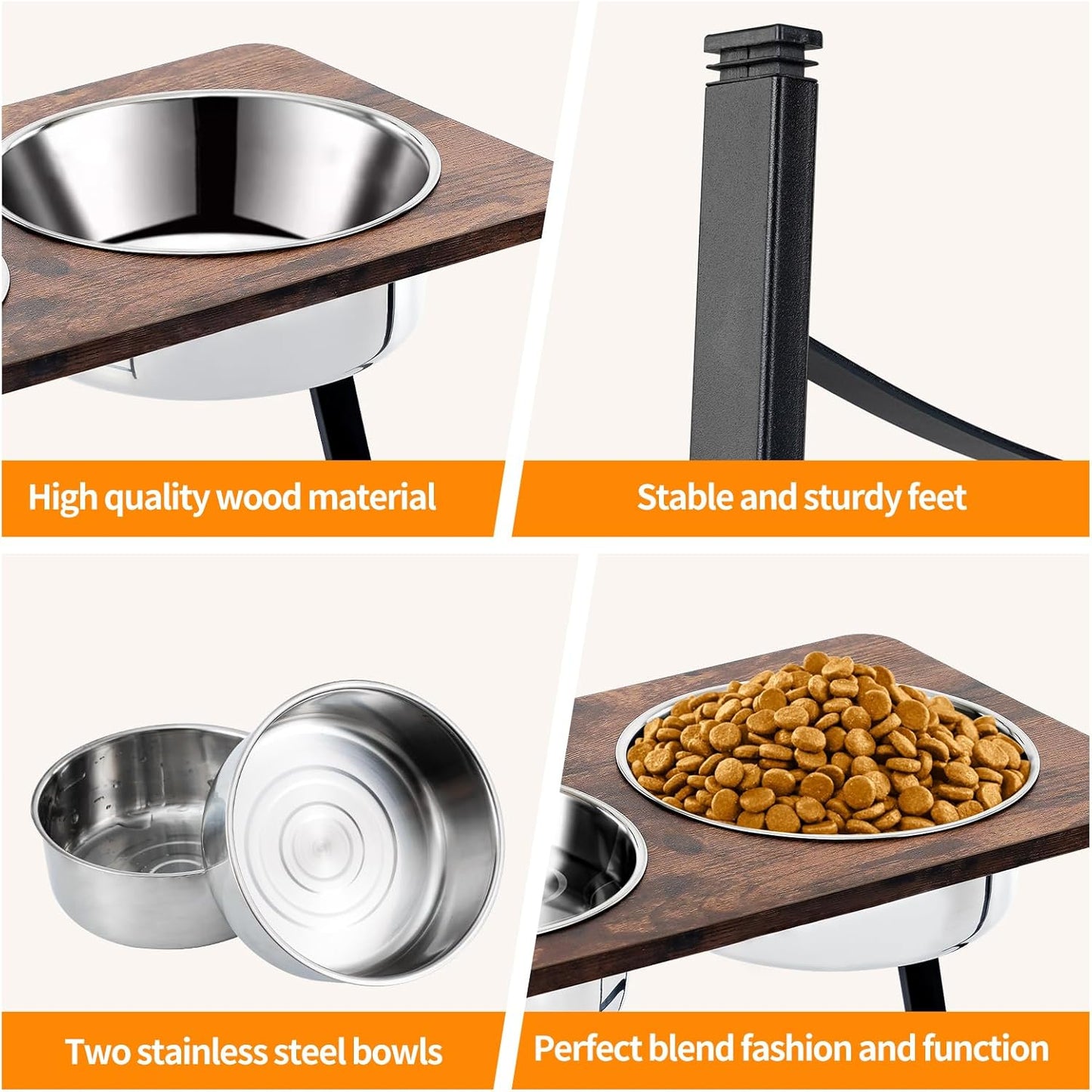 Elevated Dog Bowls for Medium and Large Dogs Wood Raised Bowl Stand with Two 1700ML (58oz) Stainless Steel Dog Food and Water Bowls,Non-Slip