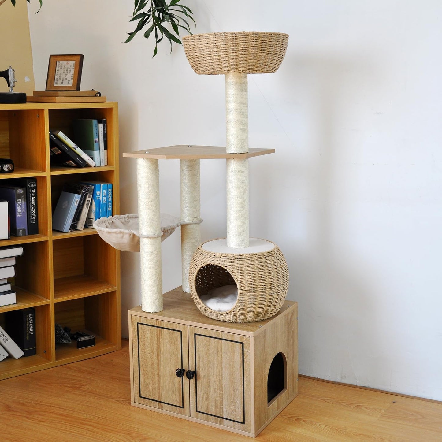 56.7" Tall Rattan Cat Tree for Indoor Cats, Multi-Level Wooden Cat Tower with Scratching Posts, Large Cat Climbing Furniture with Perches