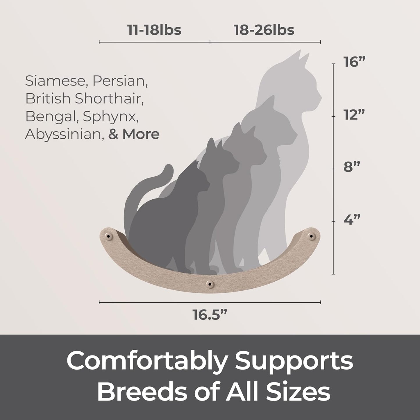 Wall Mounted Cat Hammock Bed by Pryde Pets - Floating Perch Curved Shelf, 100% Sustainable PET Felt Feline Enrichment Climber Furniture for Indoor Cats, Modern Climbing Gym Jungle Design (Oatmeal)