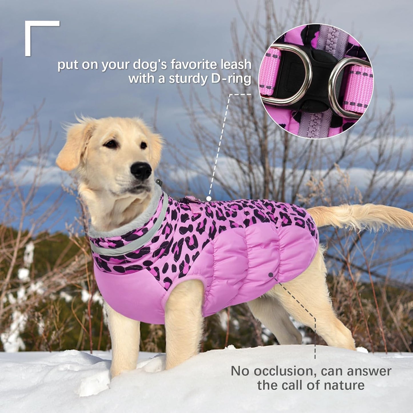 FUAMEY Dog Coat for Medium Dogs,Waterproof Dog Winter Jacket with Harness Built in Puppy Cold Weather Coats Reflective Pet Vest with Zipper Warm Fleece Dogs Snowsuit Windproof Pink Leopard M