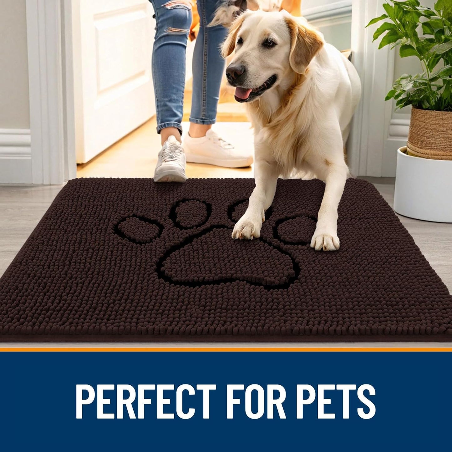 OLANLY Door Mat for Muddy Dog Paws 36x24, Absorbent Chenille Mud Doormat with Paw Print Design, Non-Slip Washable Doormat for Indoor Entryway, Quick-Dry Pet Bed Mats for Dirty Dogs, Brown and Black
