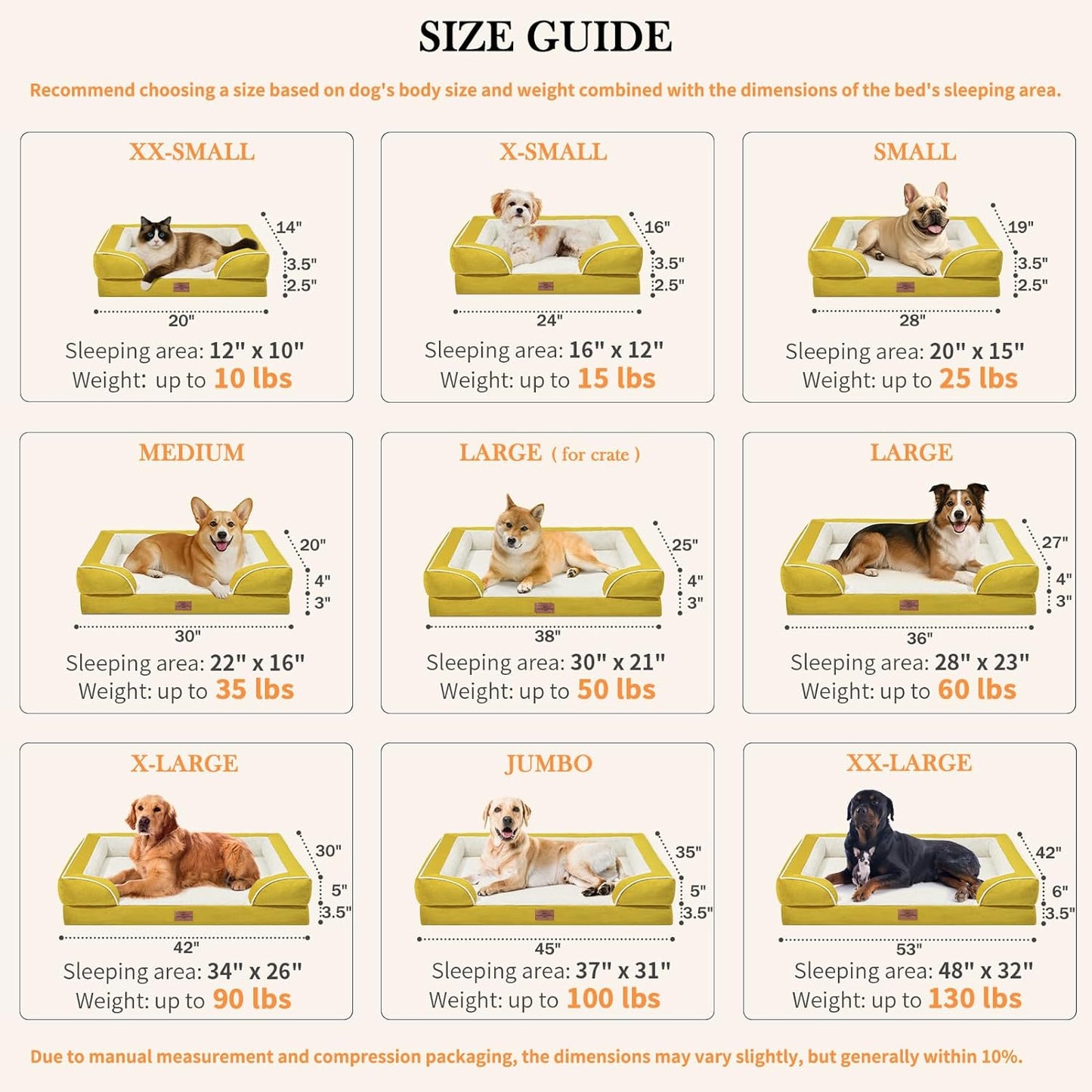 Comfort Expression Orthopedic XL Dog Beds, Waterproof Extra Large Dog Bed with Bolster, Washable Dogs Bed Sofa with Removable Cover & Non-Slip Bottom(X-Large,Spicy Mustard)