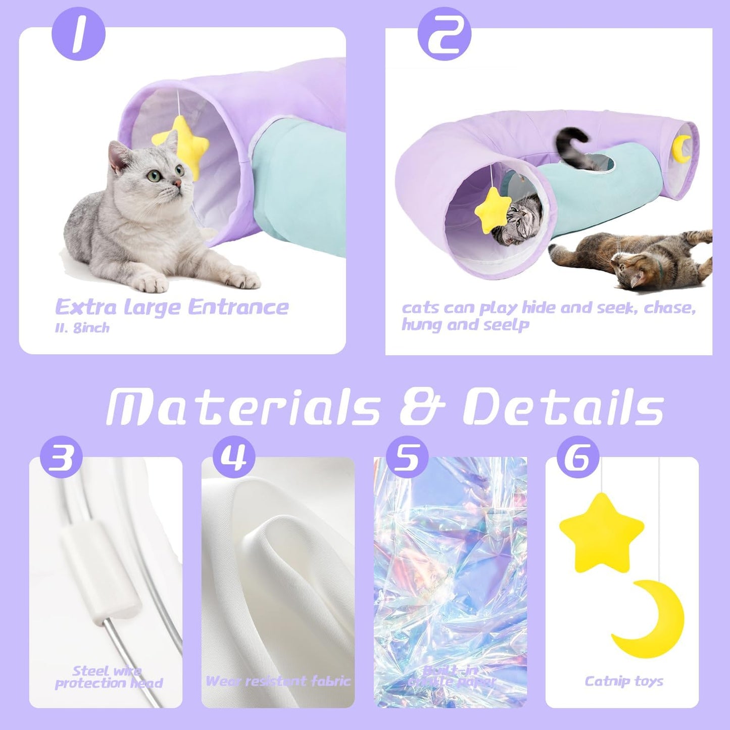 Cat Tunnel, Large Indoor Durable Collapsible Interactive Cat Tube with Peek-A-Boo Hole, Hanging Toys, and Crinkly Paper Lining - Cute Tunnel for Cats, Kittens, Puppies & Rabbits, Purple