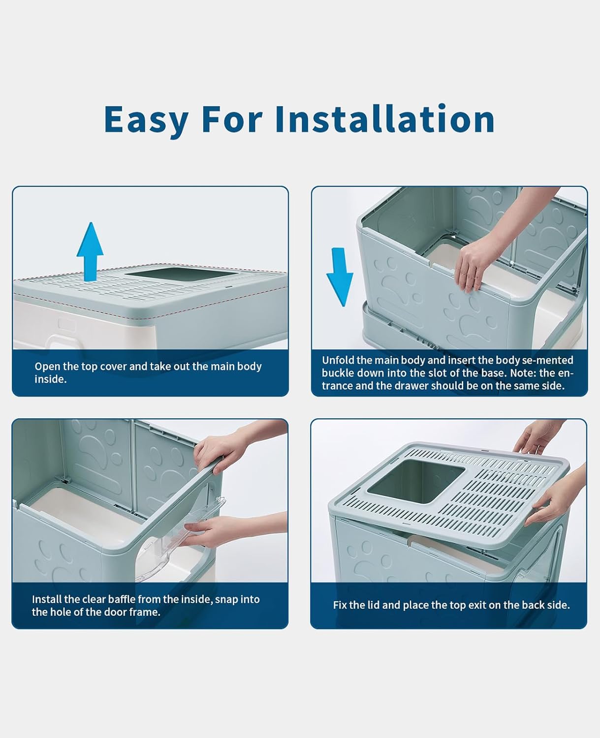 Cat Litter Box with Litter Mat and Scoop, Large Foldable Litter Box with Lid, Front Entry Top Exit Kitty Box, Odor Control, Easy to Clean (Blue)