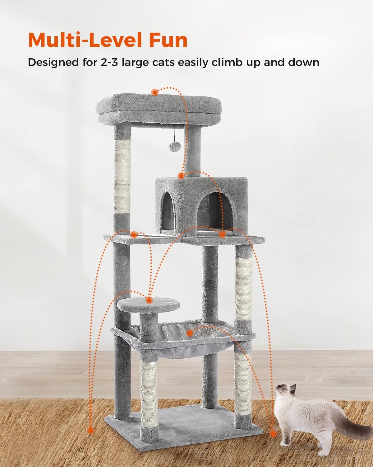 PETEPELA 56.3'' Tall Cat Tree for Indoor Cats, Multi-Level Cat Tower with Super Large Hammock (20''X16''), Sisal Covered Scratching Posts, Cozy Condo and Top Perch Grey