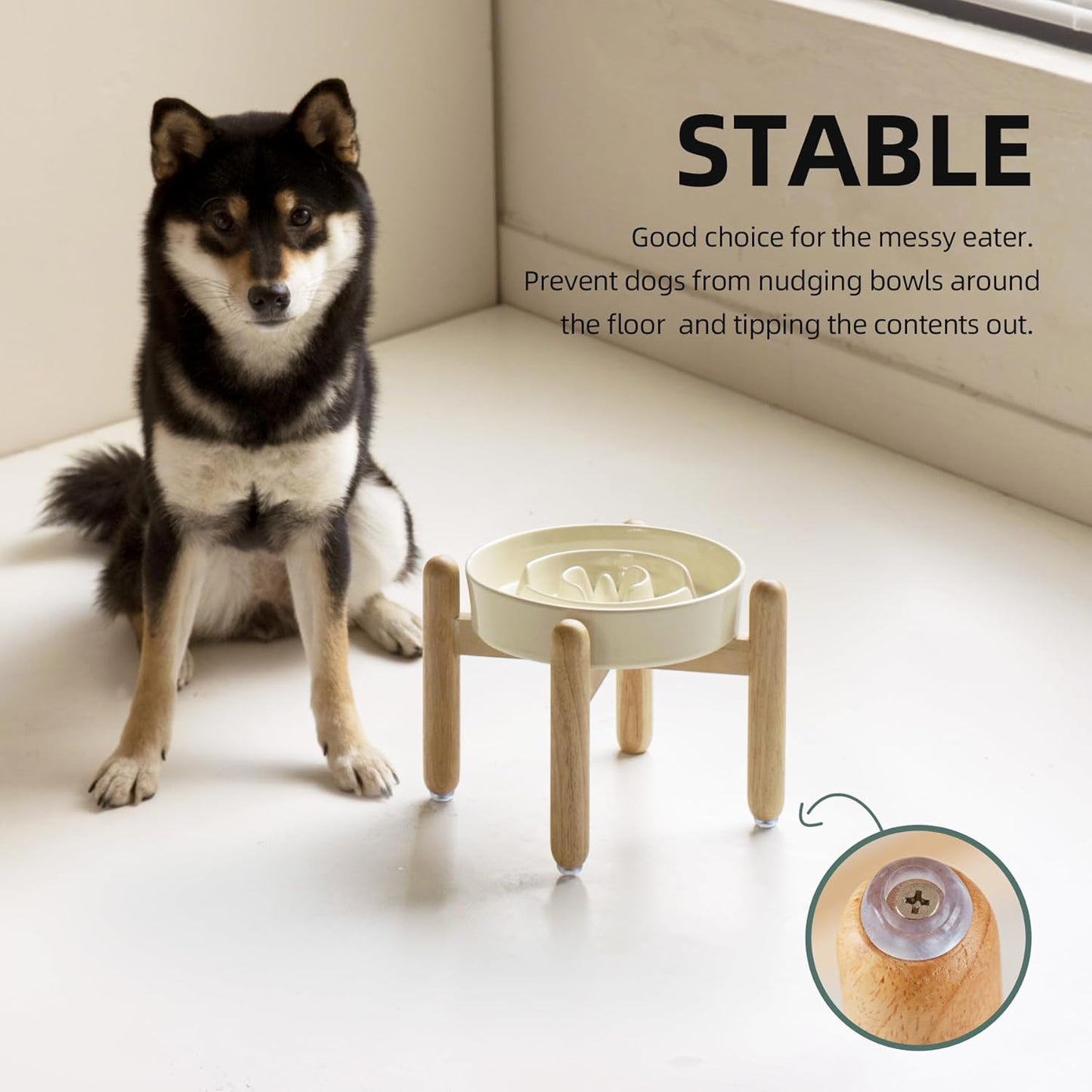 7.3inch Ceramic Raised Slow Feeder Dog Bowl Set, Elevated Wooden Stand for Medium and Small Dog, Puzzle Slow Dish, Anti-Gulping(Beige, Single Bowl+ Stand)