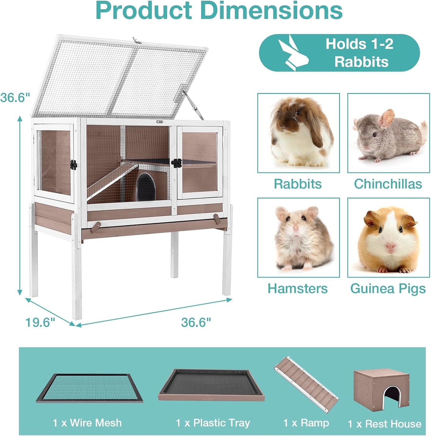 Guinea Pig Cage with Wooden Stand,Indoor Rabbit Hutch with 2 Stories,Hamster Cage with Anti Chew Ramp,Hideout, Platform, Pull Out Tray (Brown)