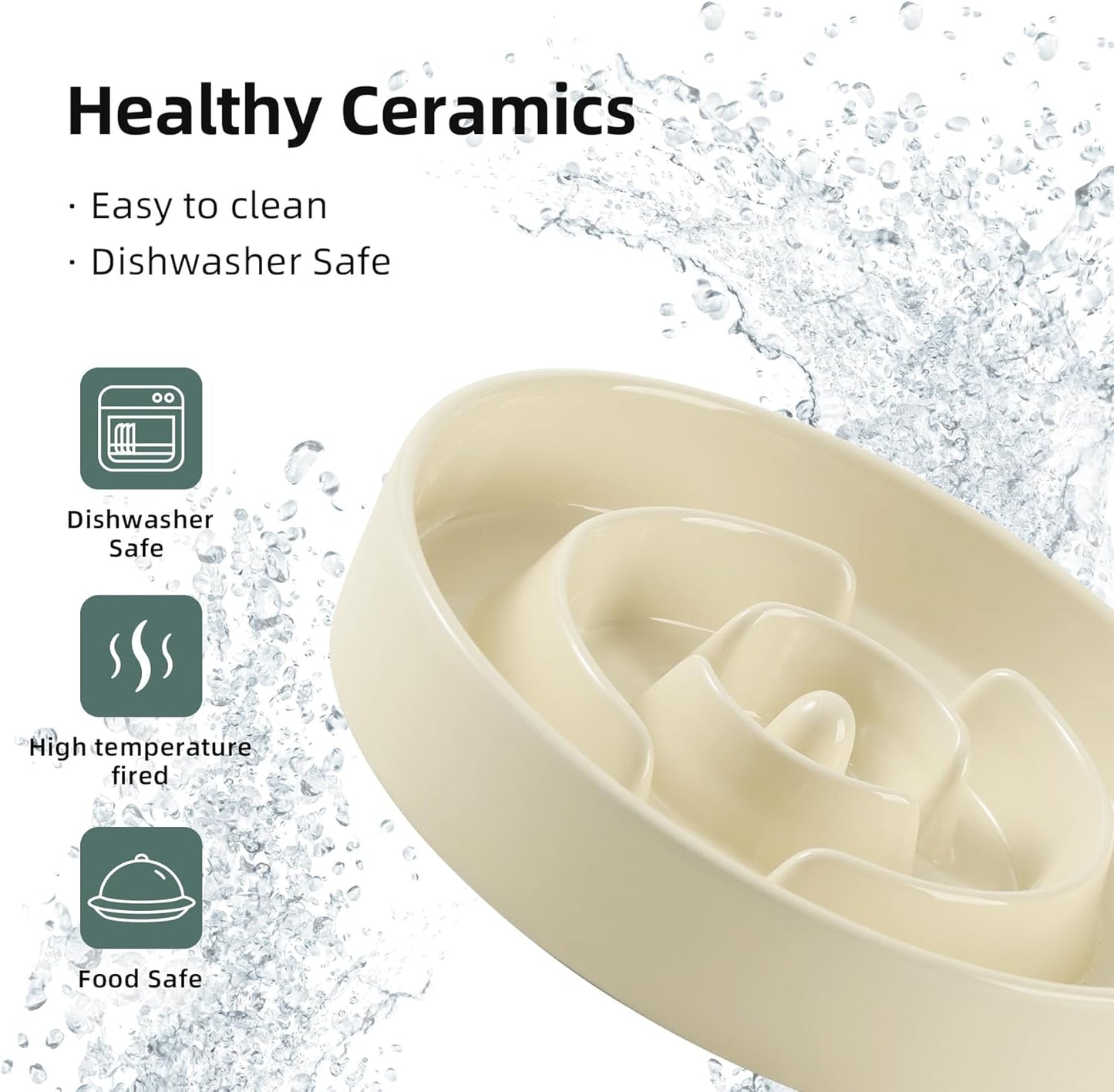 9.5inch Ceramic Slow Feeder Dog Bowl for Large Dog, Puzzle Food Dish, Anti-Gulping, Pet Slow Feeder, Stop Bloat, Preventing Choking (Single Bowl-Beige)