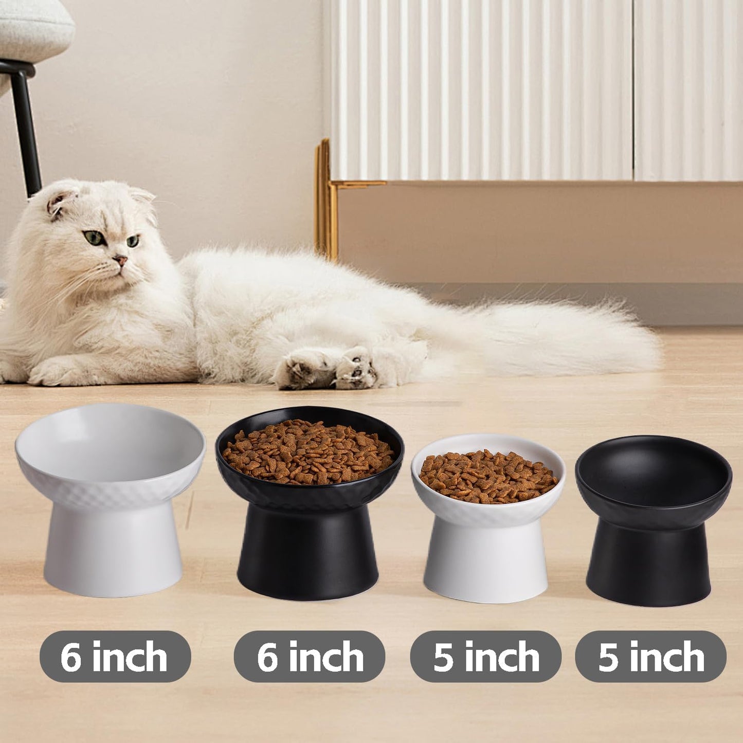 Small Ceramic Raised Cat Bowls, Tilted Elevated Food or Water Bowls, Stress Free, Backflow Prevention, Dishwasher and Microwave Safe, Lead & Cadmium Free(White)