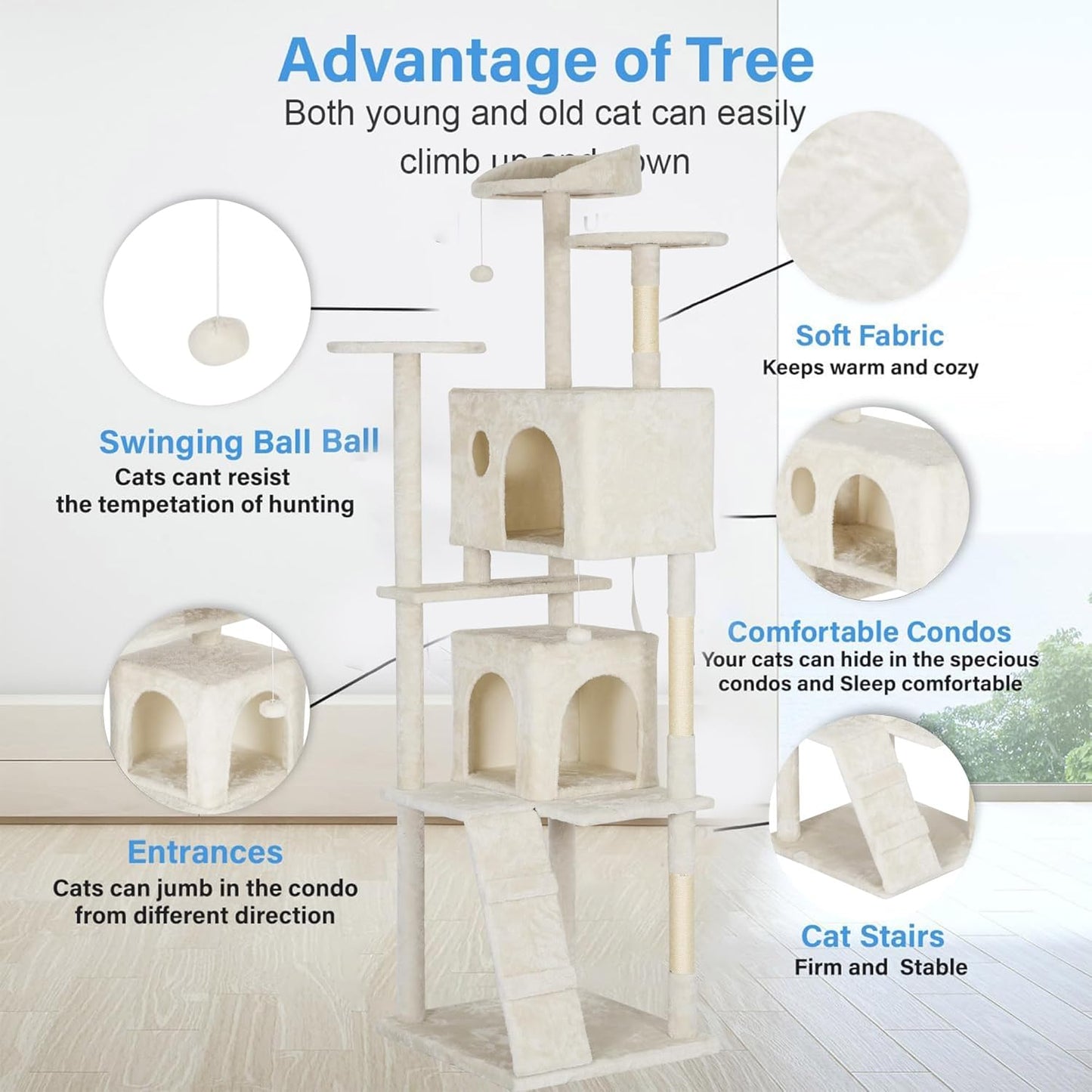 FDW Cat Tree Tower 81in Multi-Level Durable Cat Scratching Post & Cozy Fun Jumping Platform Space Saving Condo Pet Play House for Indoor Cats,Beige