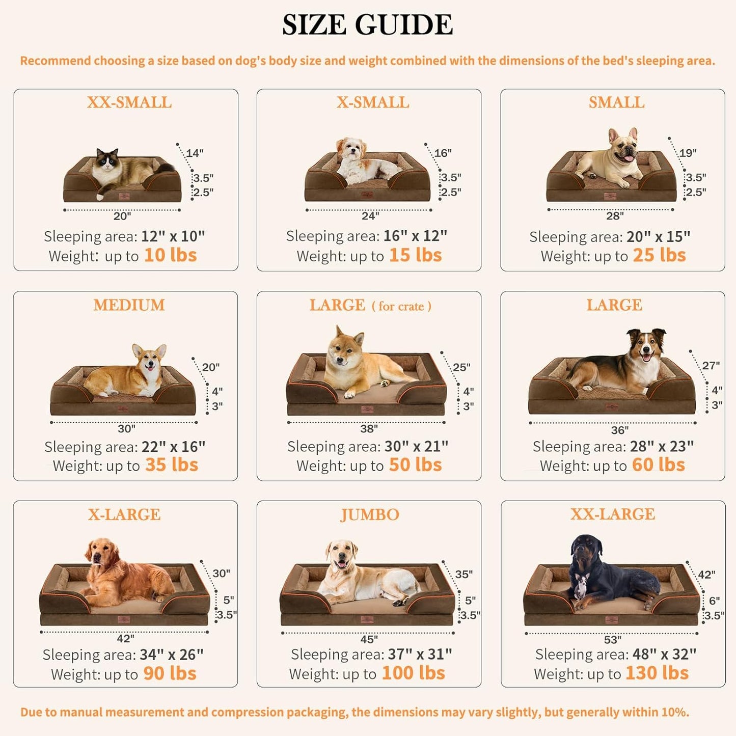 Comfort Expression Small Dog Beds Waterproof Cat Beds Orthopedic Foam Sofa Beds for Small Dogs Comfy Pet Bed with Washable Removable Cover & Non-Slip Bottom(XX-Small,Brown)