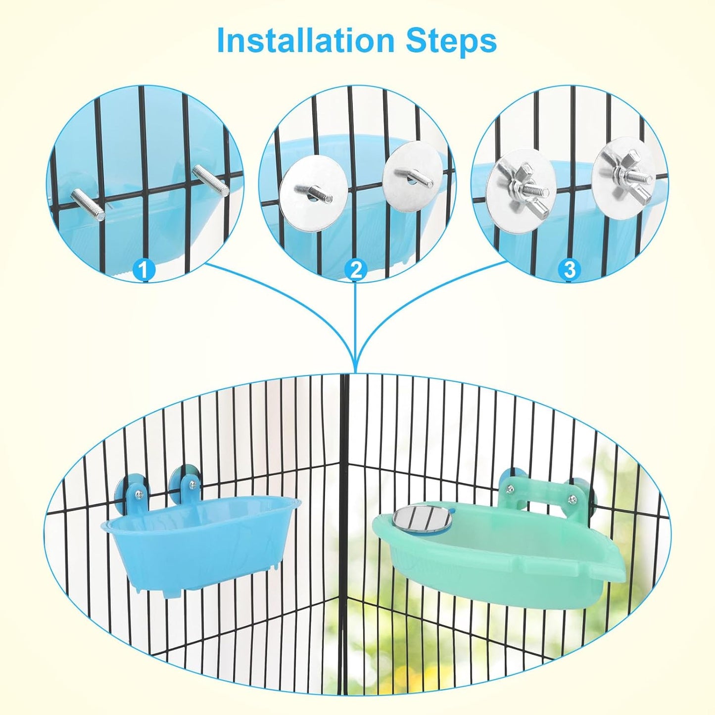 Wontee Bird Bath Box with Mirror Portable Parrot Hanging Bathroom Bathing Tub for Small Birds Cleaning Supplies (Blue(B)+Green)