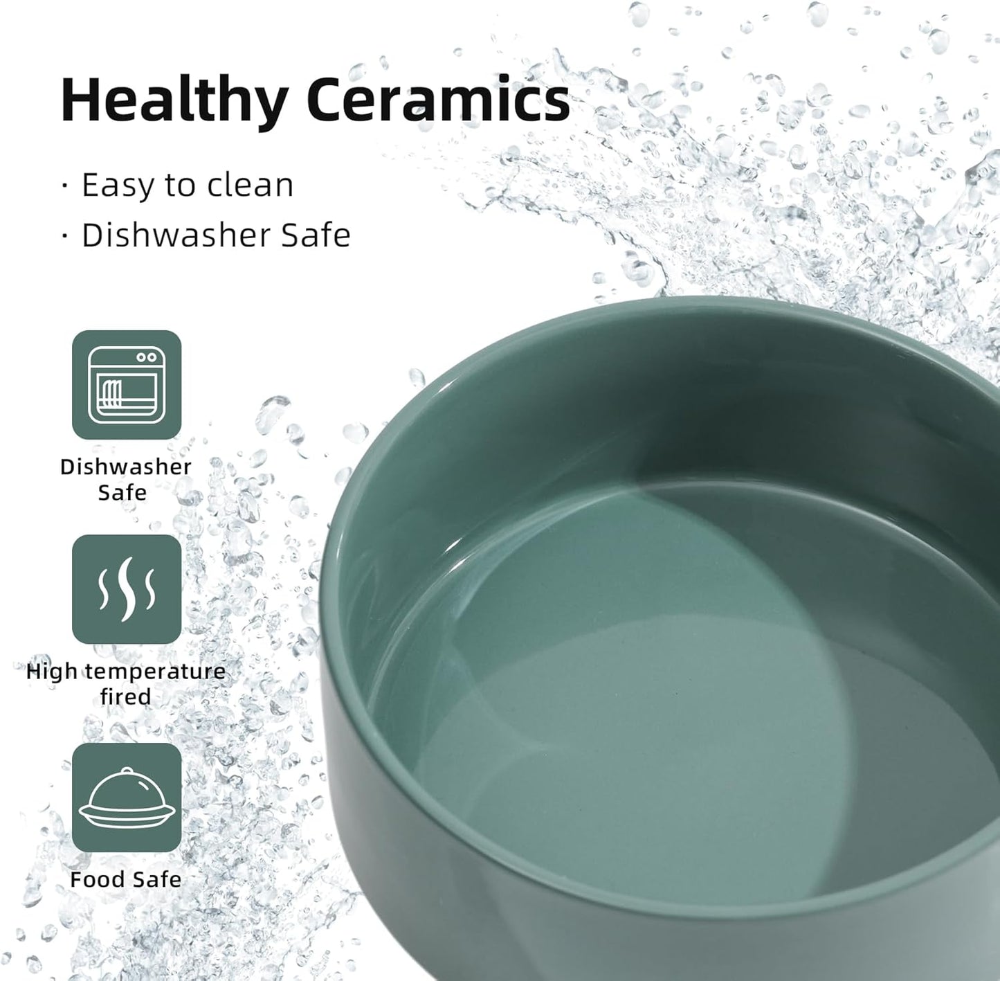 Ceramic Elevated Cat Food and Water Bowl, Kitty Bowl, Raised Cat Dish, Pet Feeder (5.1 in,1 x Dark Green + Stand)