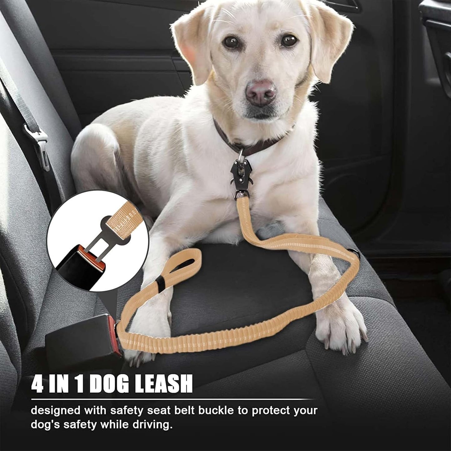 Heavy Duty Tactical Bungee Dog Leash, 4-6FT Shock Absorbing Tactical Leash with 2 Padded Handles, Metal Carabiner Clip,Car Seatbelt, Reflective Dog Leashes for Medium Large Dogs (Brown)