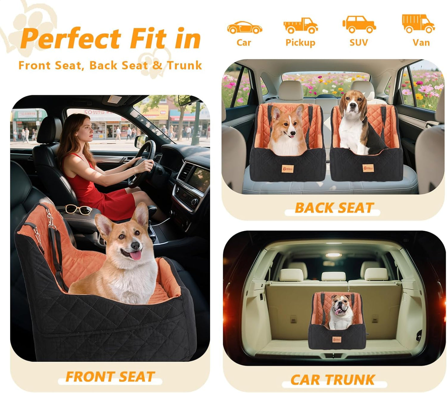 Dog Car Seat for Small/Medium Dogs Under 40lbs, Dog Booster Car Seats Memory Foam and Velvet, Detachable and Washable Pet Booster Carseats with Clip-On Satebelt and Storage Bag.(Black/Brown)