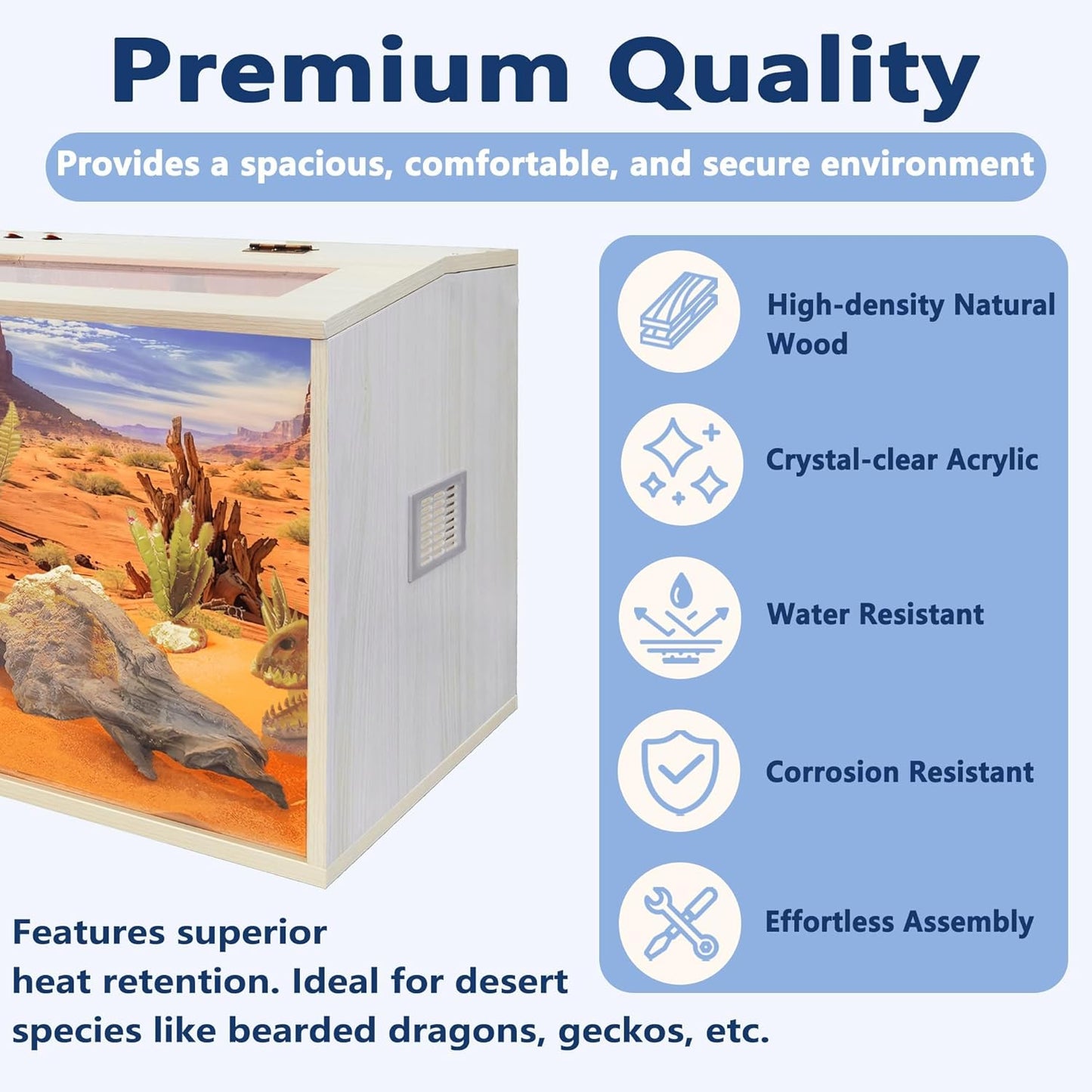 Prolee Reptile Terrarium, Lizard Tank Up to 68 Gallons, Bearded Dragon Tank with Roof Door, Snake Tank with Built-in Lamp Fixture and Switch (68 Gallon, 48" Long, Openable Wood Roof)