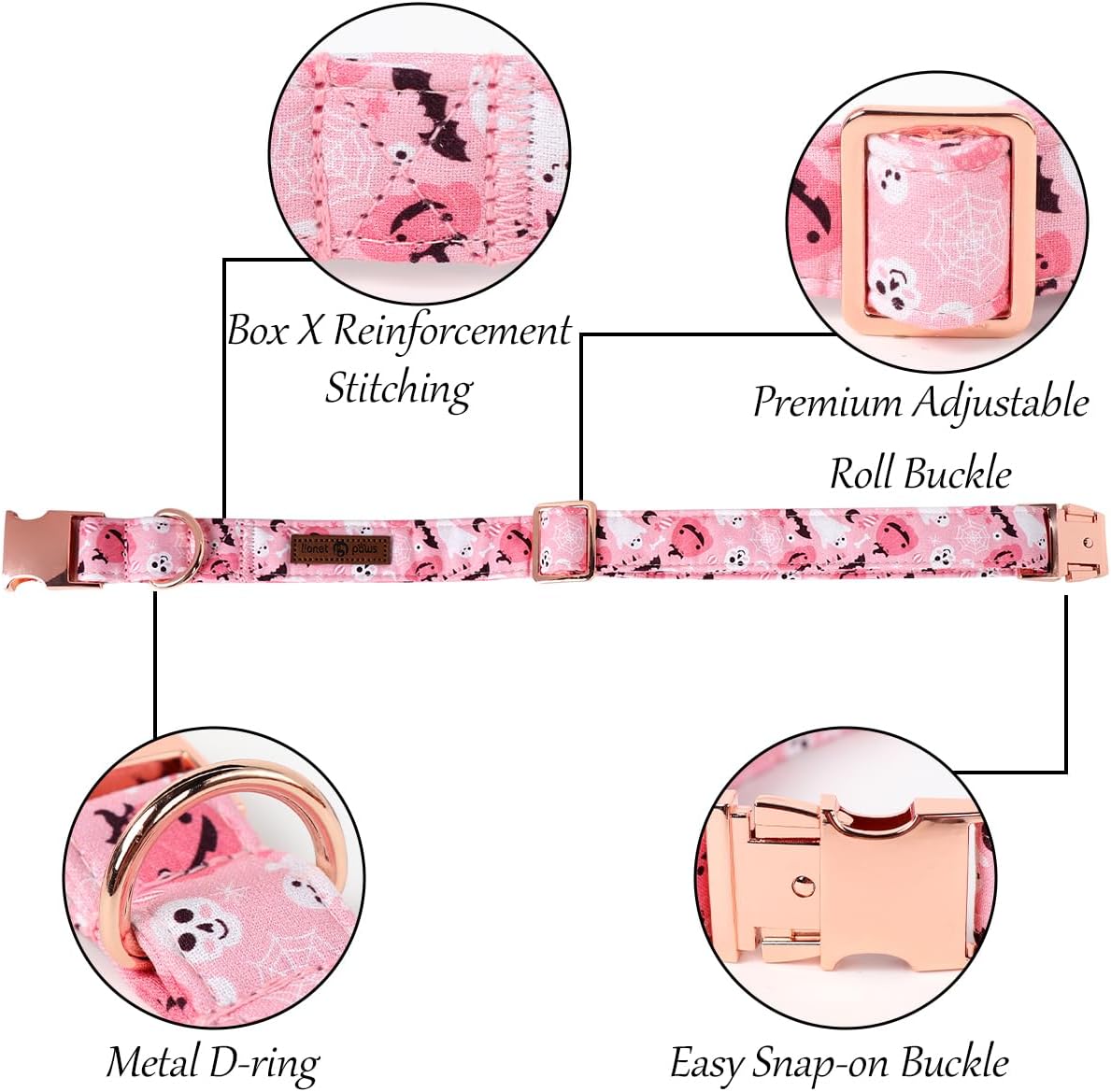 Lionet Paws Halloween Dog Collar, Cute Fall Pink Dog Collar for Large Dogs, Adjustable Cotton Pumpkin Ghost Pet Collars for Large Dogs