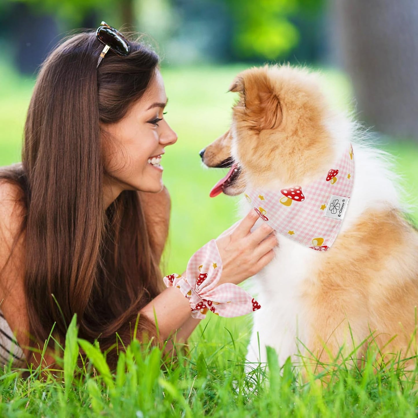 E-Clover Pink Buffalo Plaid Dog Bandanas & Matching Scrunchie Set Cute Dog Scarf Bibs Girl Pet Bandana with Bow Tie for Medium Large Dogs Owner Mom