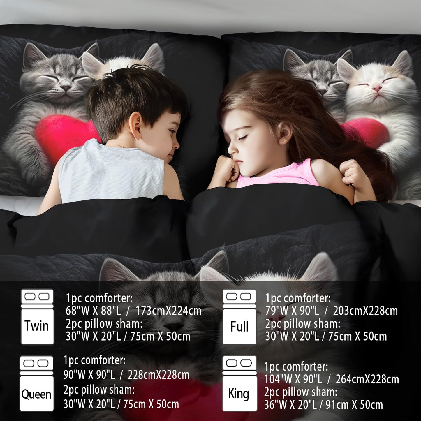 Cute Cat Comforter Set King,Kawaii Cat Bedding Set for Girls,Cute Animal Comforter Red Love Heart Bedding Decor,Kawaii Farm Animal Quilt Patterns Kids and Adults