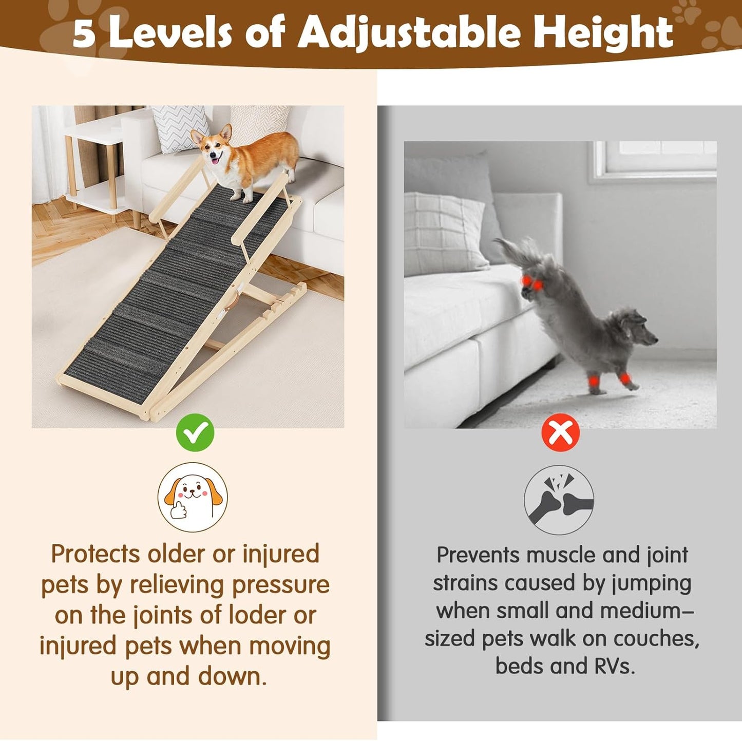 Dog Ramp for Couch, Bed or Car, Wooden 55" Long Pet Stairs for Small & Large Old Dogs & Cats, Hold up to 250lb, 6 Adjustable Height from 19.68" to 27.55" Portable Doggie Steps, Excellent Traction
