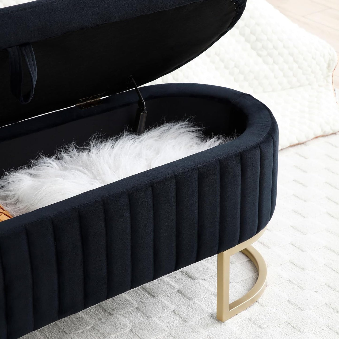 50" Sherpa Storage Ottoman Bench – Velvet Upholstered Bedroom Bench with Golden Metal Legs, Lift-Top Hidden Storage, Modern Footrest for Living Room, Entryway, Bed End (Black)