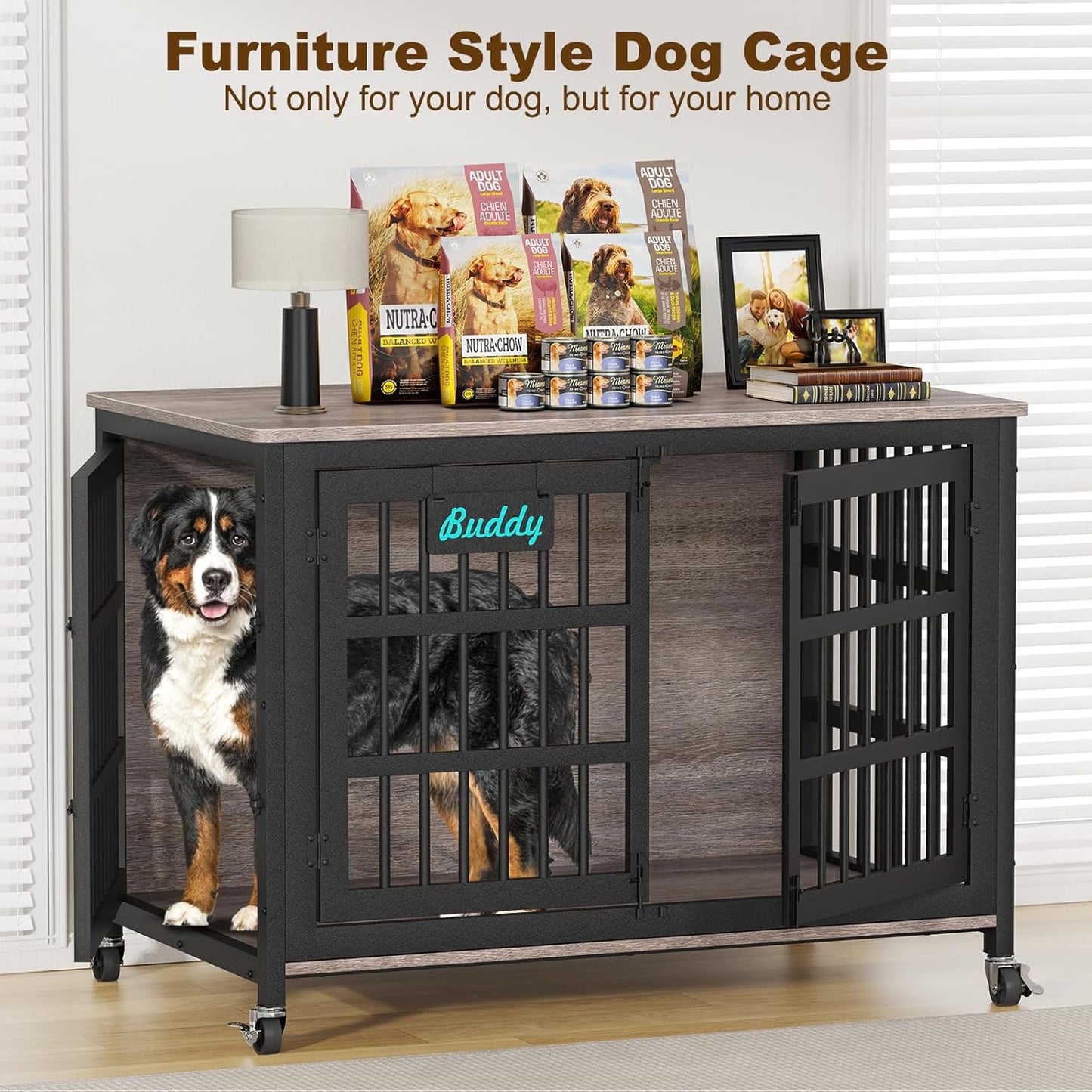 EasyCom 48"/42"/33" XXL Dog Crate Furniture with Casters, Heavy Duty Dog Kennel Indoor for Large Dogs, Escape-Proof and Chew-Proof Dog Cage for high Anxiety Dog, Decorate House as TV Stand, End Table