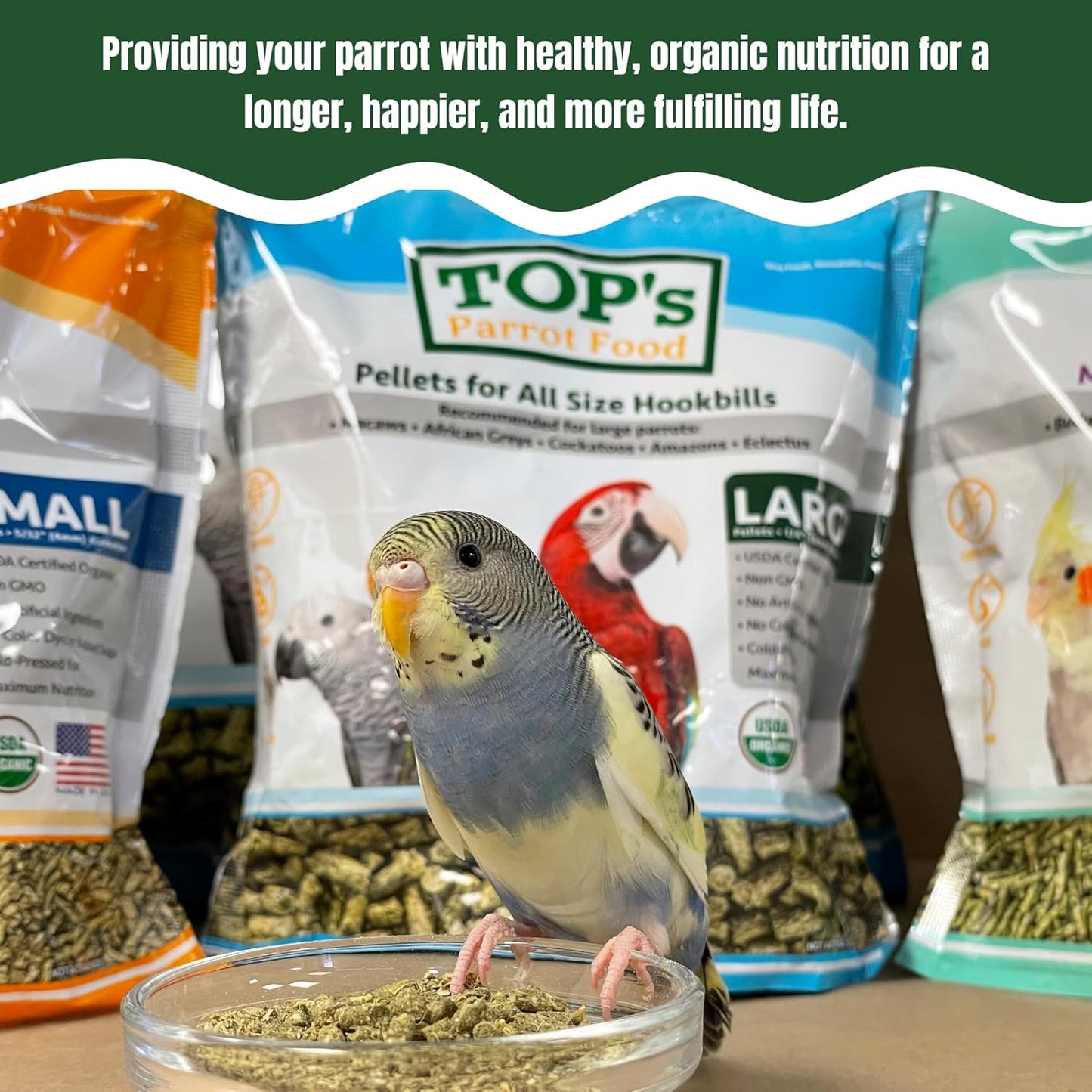 TOP's Parrot Food Bird Pellets for Small Hookbills - Non-GMO, Peanut Soy & Corn Free, USDA Organic Certified - 25 lb Bag