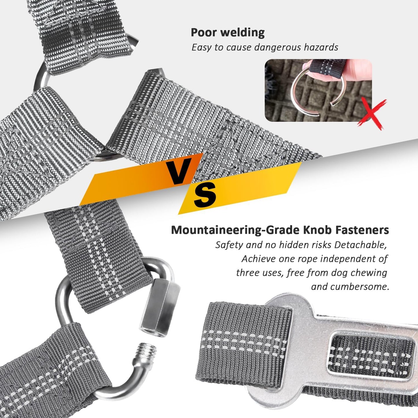 Removable Dog Seat Belt Harness for Car, 3 in 1 Pet Dog Car Seatbelt Leash, Retractable Restraint Secures to Vehicle Headrest & Adjustable Reflective Bungee Dog Seatbelt Tether, Grey