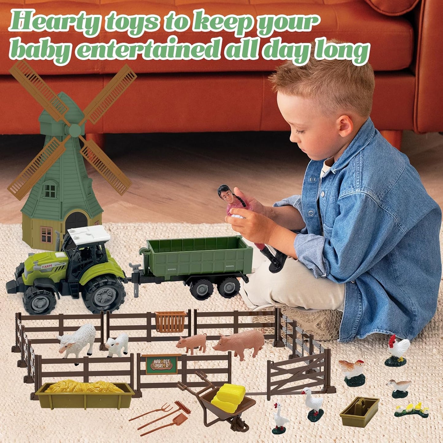 82PCS Farm Animals Toys Set Comes with Tractor Trailer, Windmill, Farmer, Fence - Playset for Kids Toddlers Boys Girls 5+ Years Old